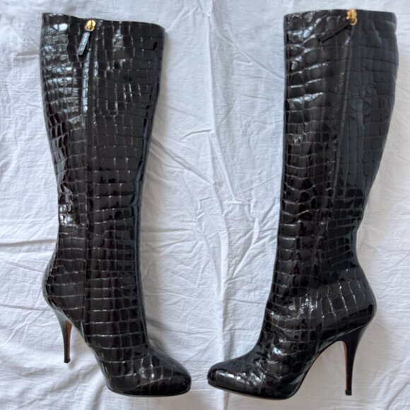 Vera Cuoio croc embossed brown patent leather high heeled boots - Picture 2 of 2